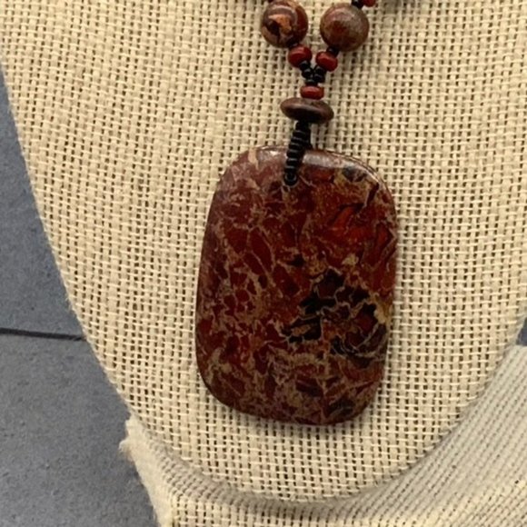 Jasper Stone Necklace Pendant Branch Oval Red Brown Copper Gray - Picture 2 of 10